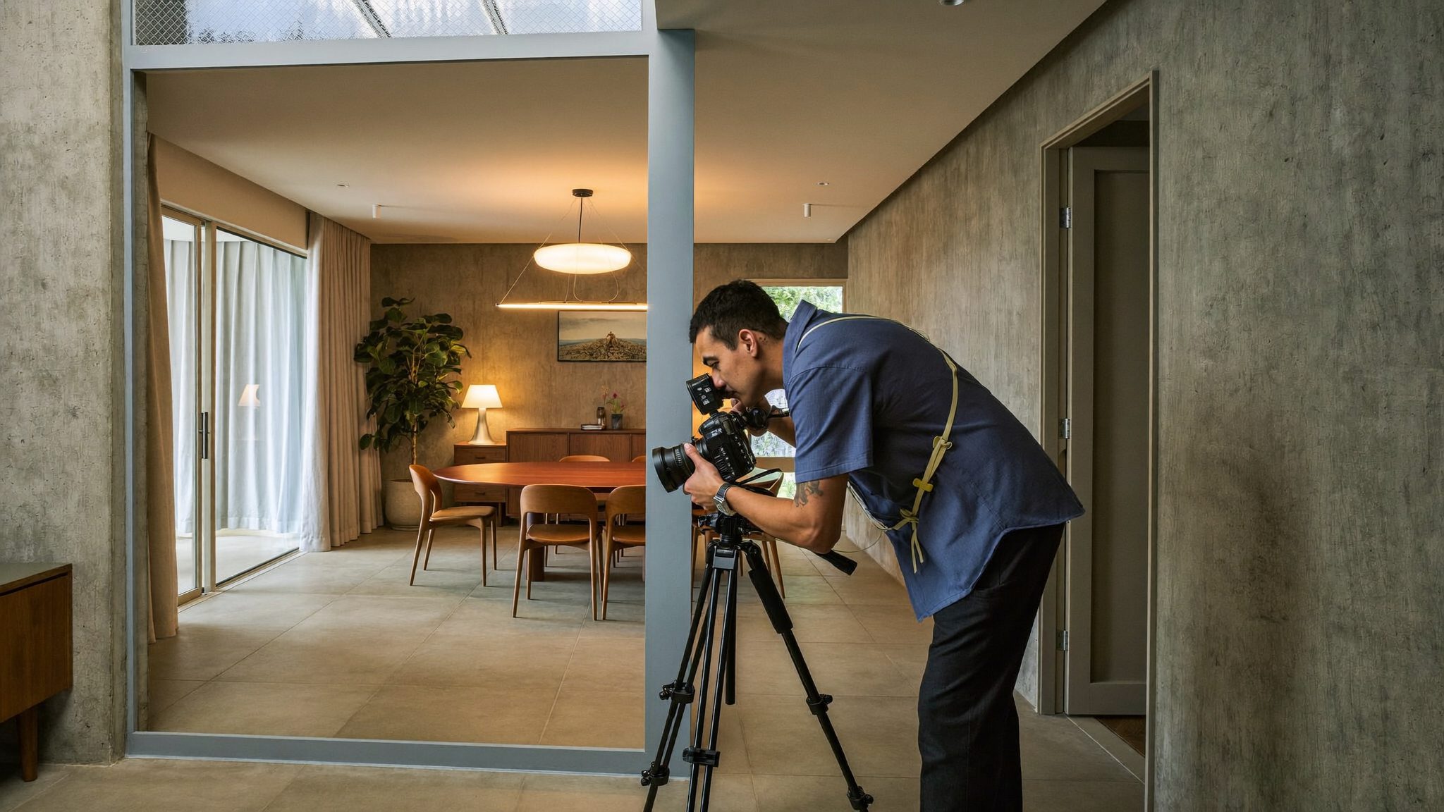 Fotografer sedang memotret interior rumah untuk materi pemasaran listing