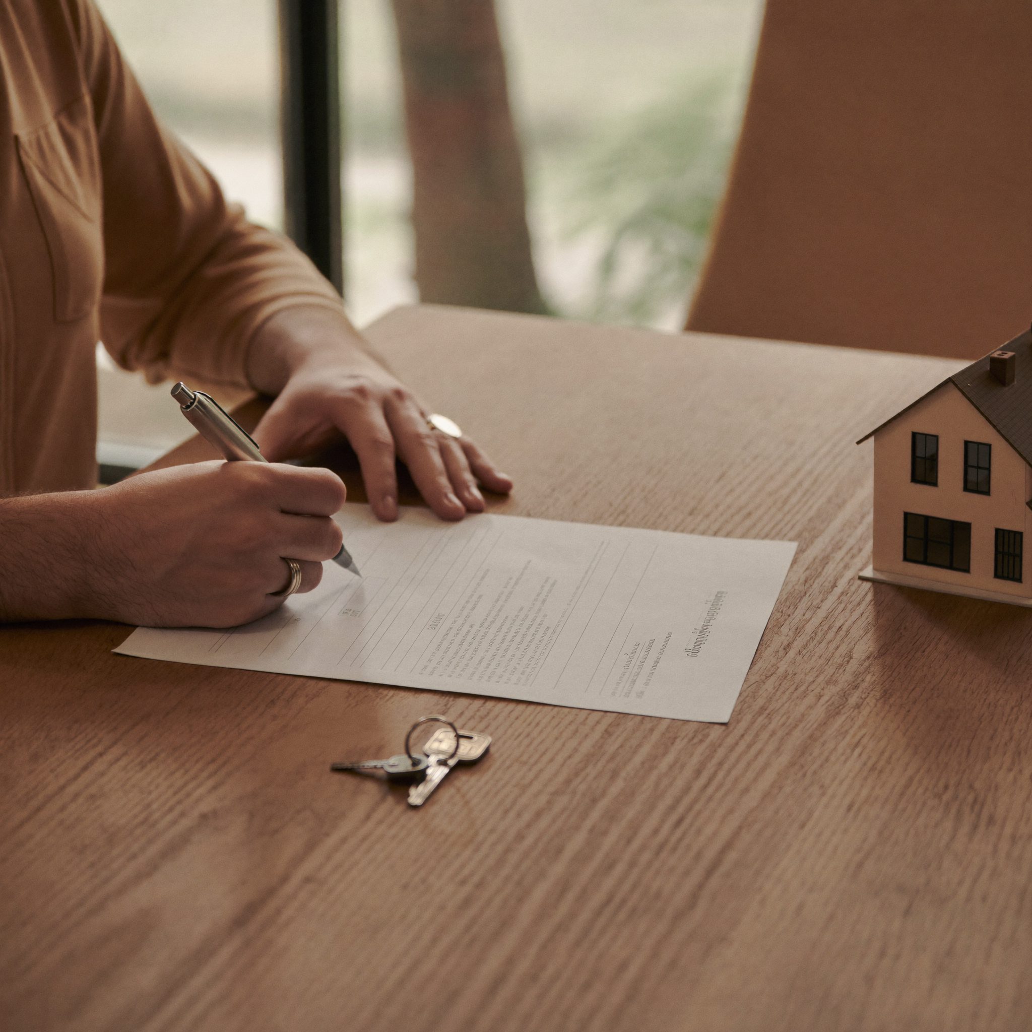 Penandatanganan dokumen properti di atas meja kerja